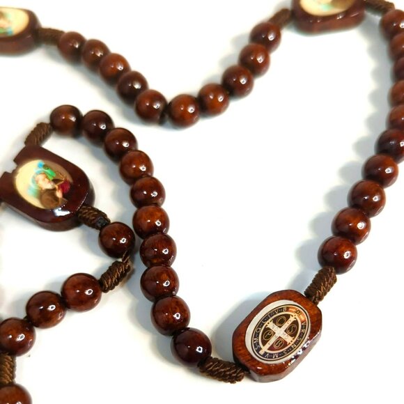 Vintage Wooden St. Benedict Rosary Corded Necklace Prayer Beads - Picture 3 of 5